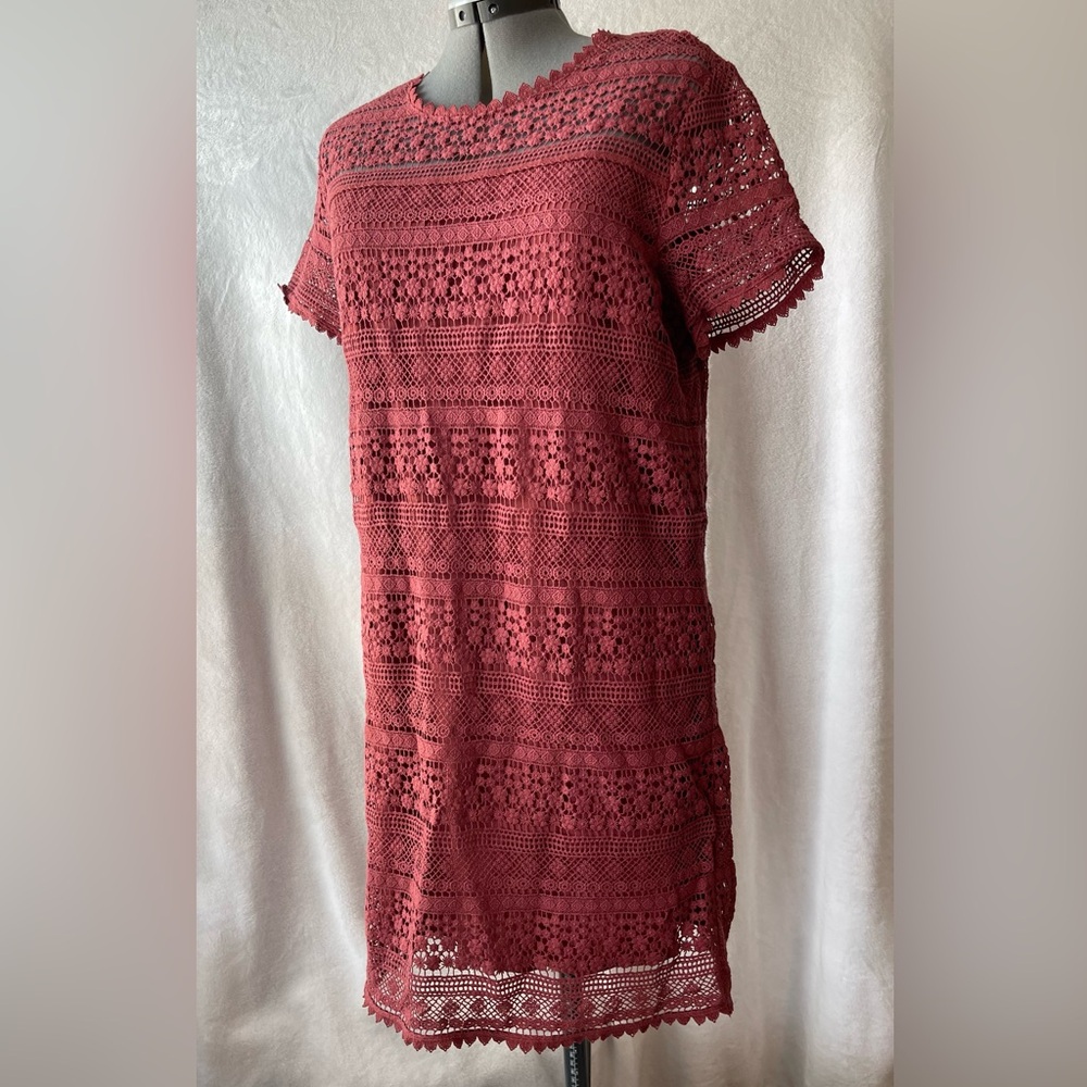 Anthropologie O2Sky shift dress embroidery lace fringe Medium mauve